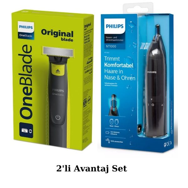 QP2724/10 Oneblade Yüz Şekillendirici, NT1650 Burun/Kulak Kıl, Tüy Temizleme 2'li Avantaj Set
