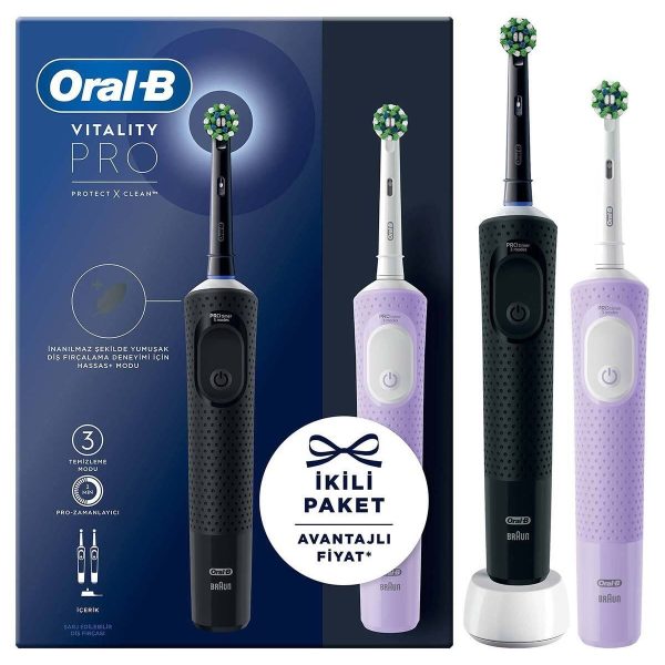 Oral-B D103 Şarjlı/elektrikli Diş Fırçası Vitality Pro 2'li Siyah&lila Avantaj Paketi