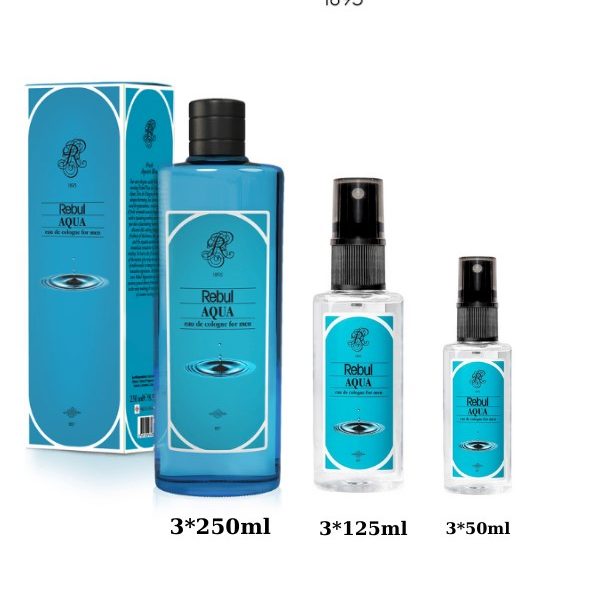 Rebul Aqua Edc Kolonya 250ml Cam Şişeli, 125ml - 50ml Pet Sprey Şişeli 3'lü Set (9 ürün)