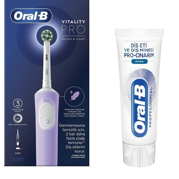Oral-B Şarjlı Elektrikli Diş Fırçası Vitality Pro Lila +Oral-B Pro Onarım 50ML Diş Macunu
