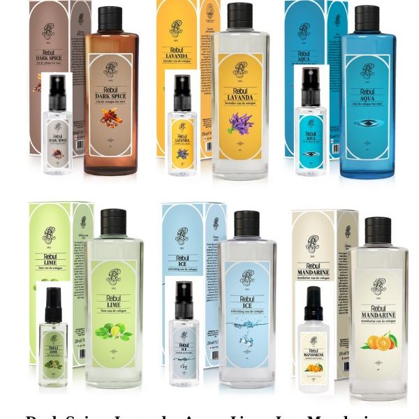 Rebul DarkSpice, Lavanda, Aqua, Lime, Ice, Mandarine Cam Şişe 250ml+Sprey Pet Şişe 50ml 6'lı Kolonya