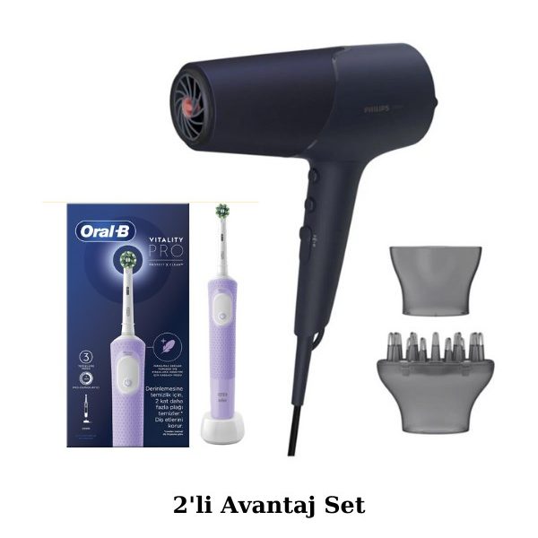 Philips BHD510/10 2300 W İyon Özellikli Saç Kurutma Makinesi, D103 Lila Şarjlı Diş Fırçası 2'li Set