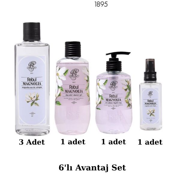 Rebul Magnolia 6’lı Set: 3x250ml Cam Şişeli Kolonya, 500ml Duş Jeli, 500ml Sıvı Sabun, 125ml Sprey