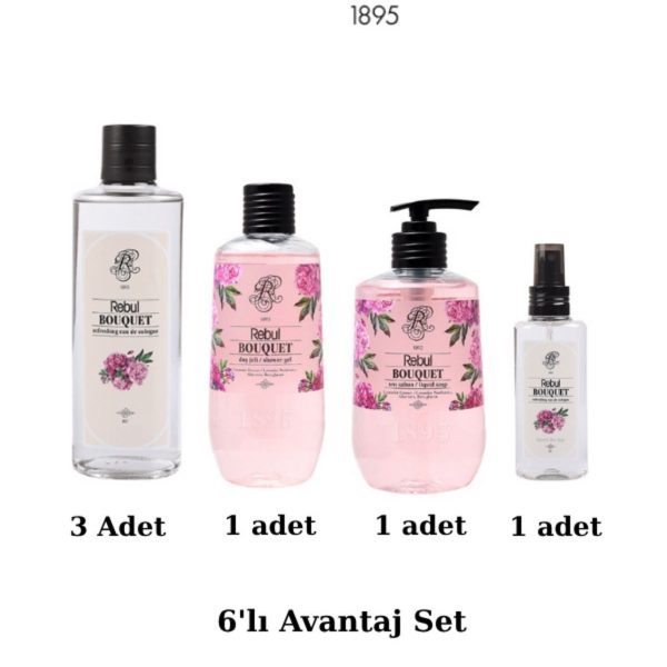 Rebul Bouquet 6’lı Set: 3x250ml Cam Şişeli Kolonya, 500ml Duş Jeli, 500ml Sıvı Sabun, 125ml Sprey