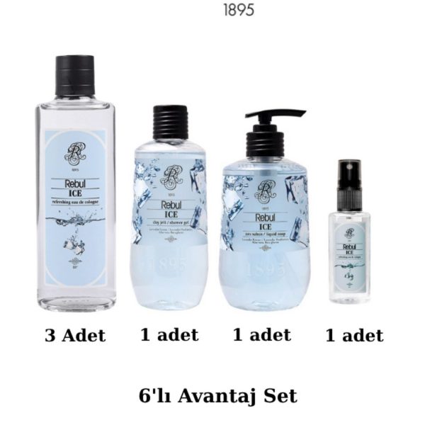 Rebul Ice  6’lı Set: 3x250ml Cam Şişeli Kolonya, 500ml Duş Jeli, 500ml Sıvı Sabun, 125ml Sprey Pet