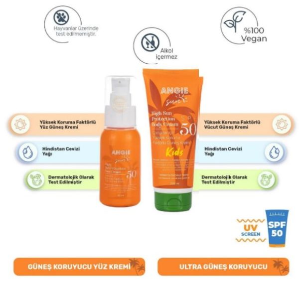 Angie Sun Face 50 Spf Yüz Koruma Güneş Kremi 50 ml - Sun Kids Bebek ve Çocuk Güneş Kremi 200 ml 2'li
