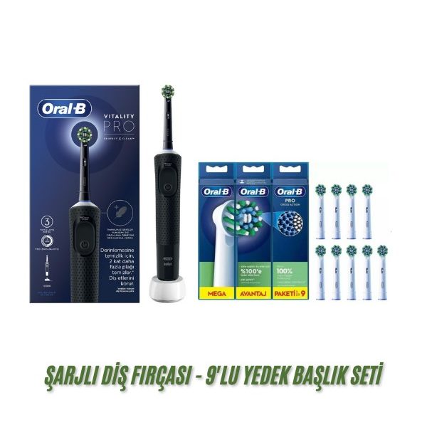 Oral-B D103 Vitality Pro Şarjlı Elektrikli Diş Fırçası Siyah, 9'lu Cross Action Yedek Başlık (Orta)