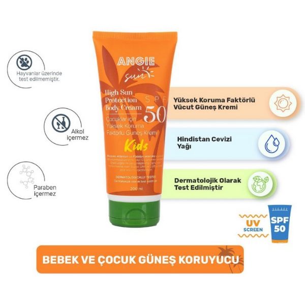 Angie Kids 50 Spf Çocuklara Özel Yüksek Koruma Faktörlü Güneş Kremi